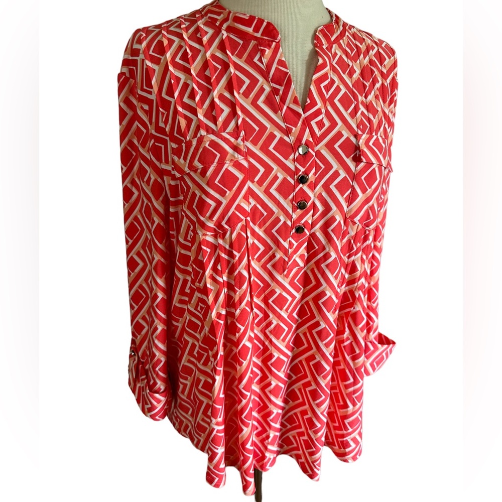 COCOMO XL Coral orange white 3/4 sleeve women’s Pintuck Blouse top shirt - Picture 5 of 15